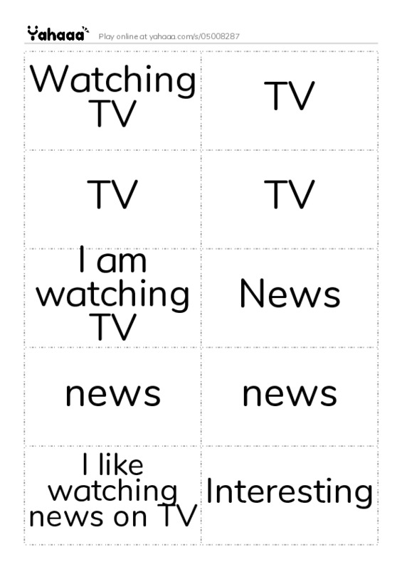 Word flashcards worksheet for Watching TV, TV, TV and 10 more