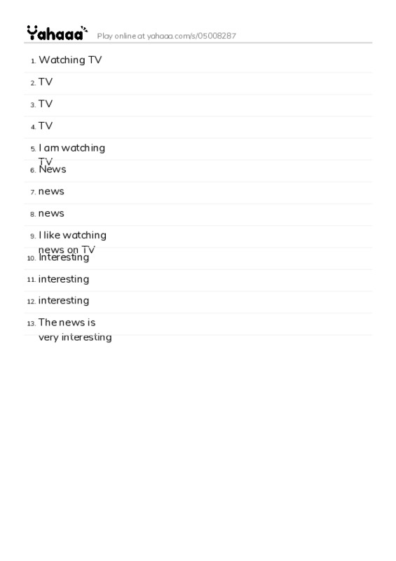 Word list with meanings worksheet for Watching TV, TV, TV and 10 more