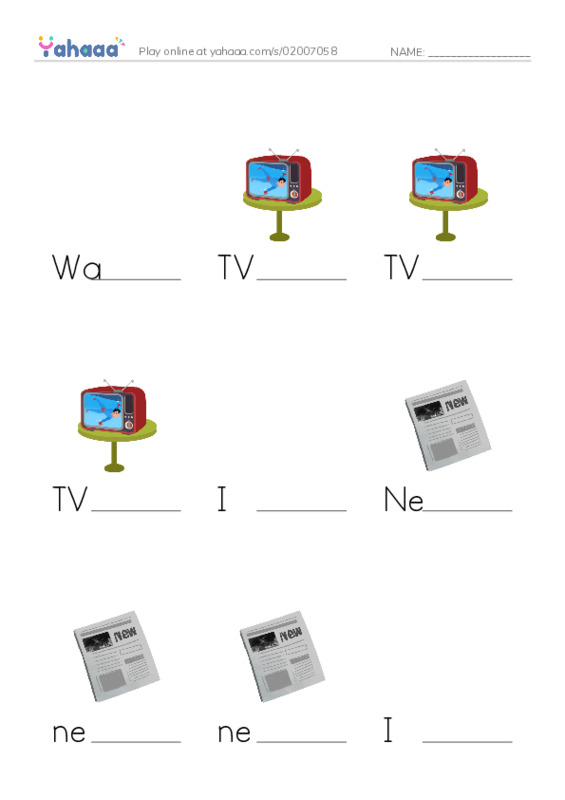 Finish the word worksheet for Watching TV, TV, TV and 10 more