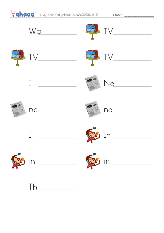 Write the word rows worksheet for Watching TV, TV, TV and 10 more
