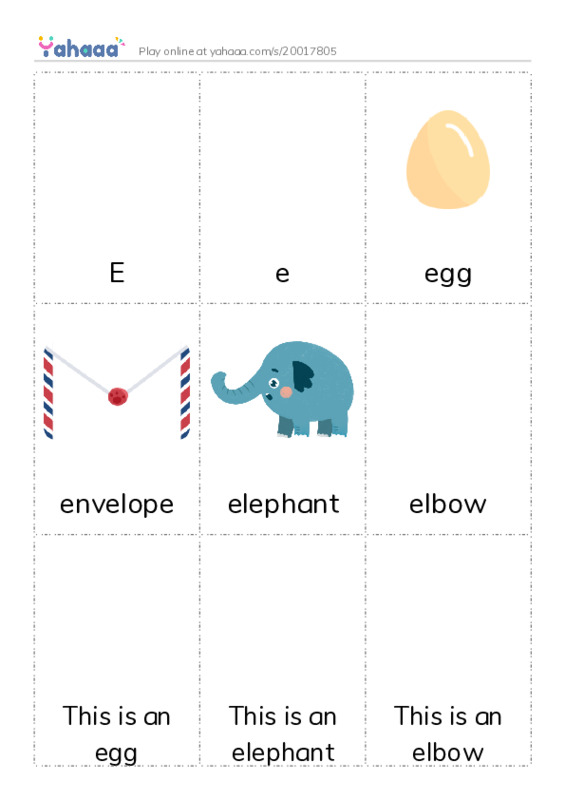 Picture flashcards worksheet for E, e, egg and 7 more