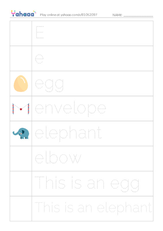 Picture and word rows worksheet for E, e, egg and 7 more
