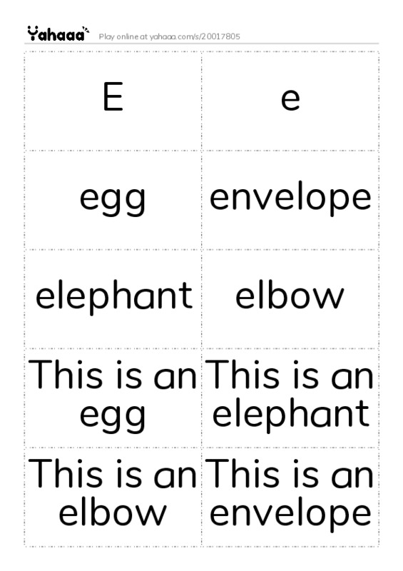 Word flashcards worksheet for E, e, egg and 7 more