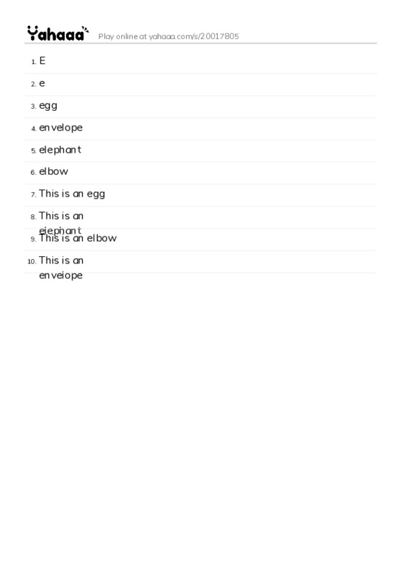 Word list with meanings worksheet for E, e, egg and 7 more