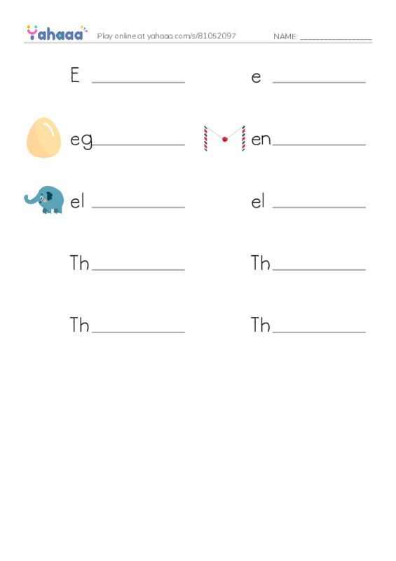 Write the word rows worksheet for E, e, egg and 7 more