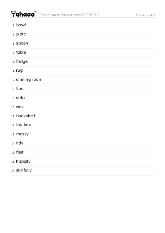 Word list with meanings worksheet for Vocab unit 2
