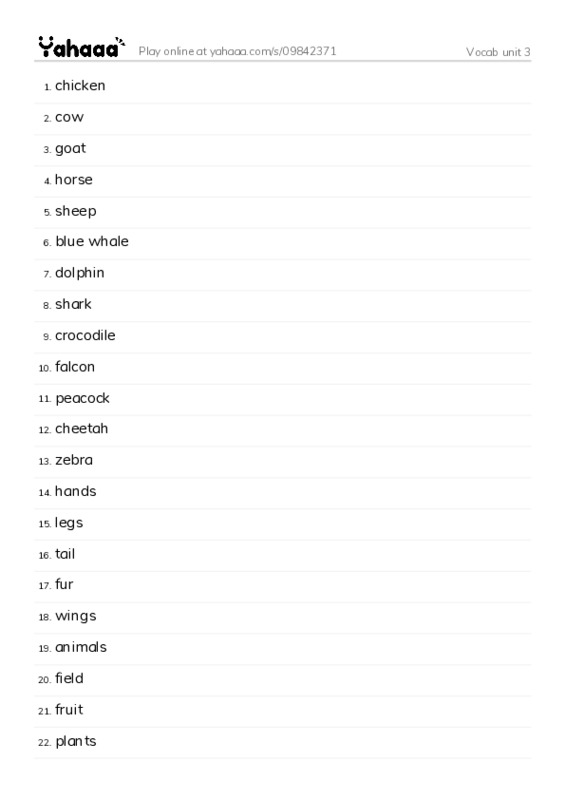 Word list with meanings worksheet for Vocab unit 3