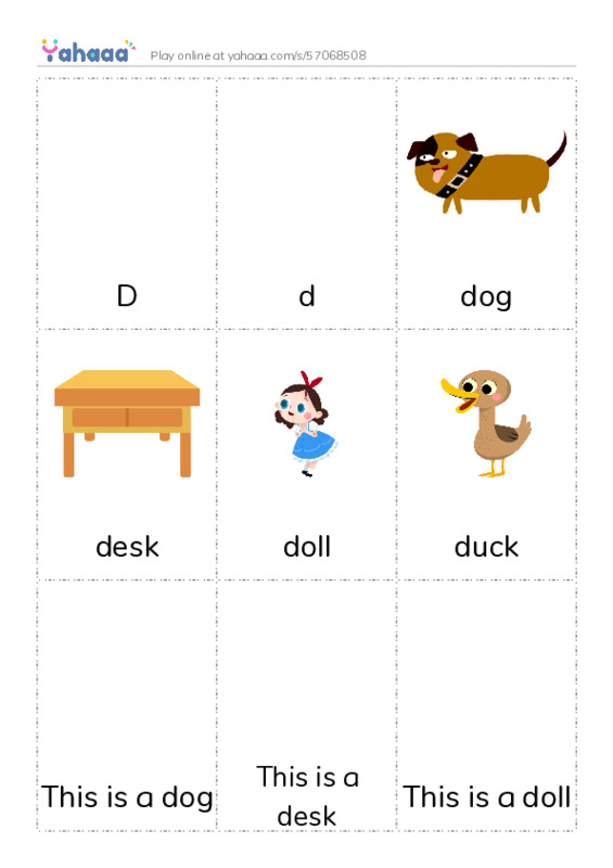 Picture flashcards worksheet for D, d, dog and 7 more
