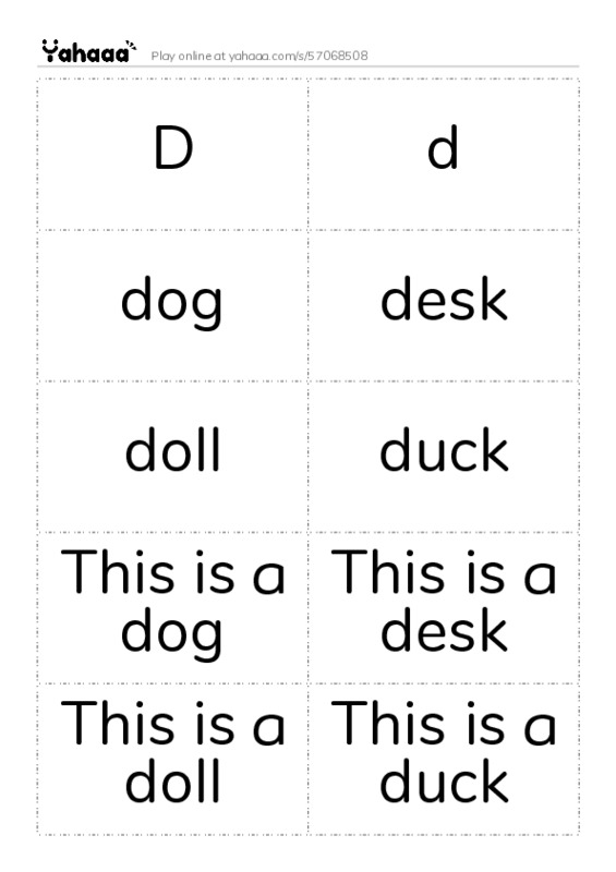 Word flashcards worksheet for D, d, dog and 7 more