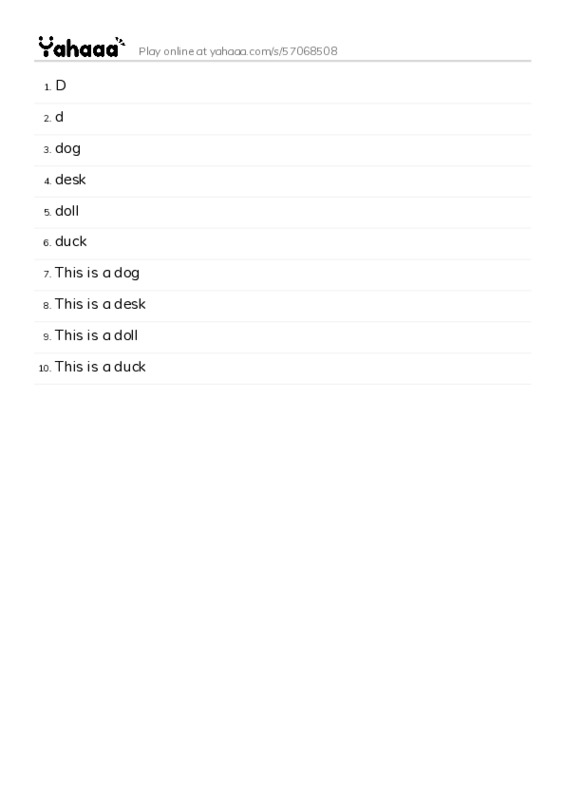 Word list with meanings worksheet for D, d, dog and 7 more