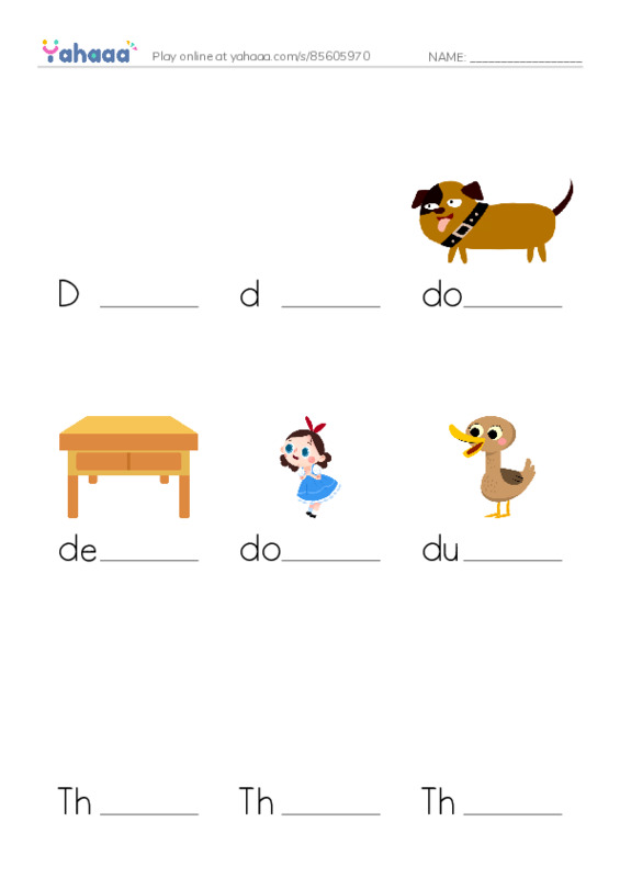 Finish the word worksheet for D, d, dog and 7 more