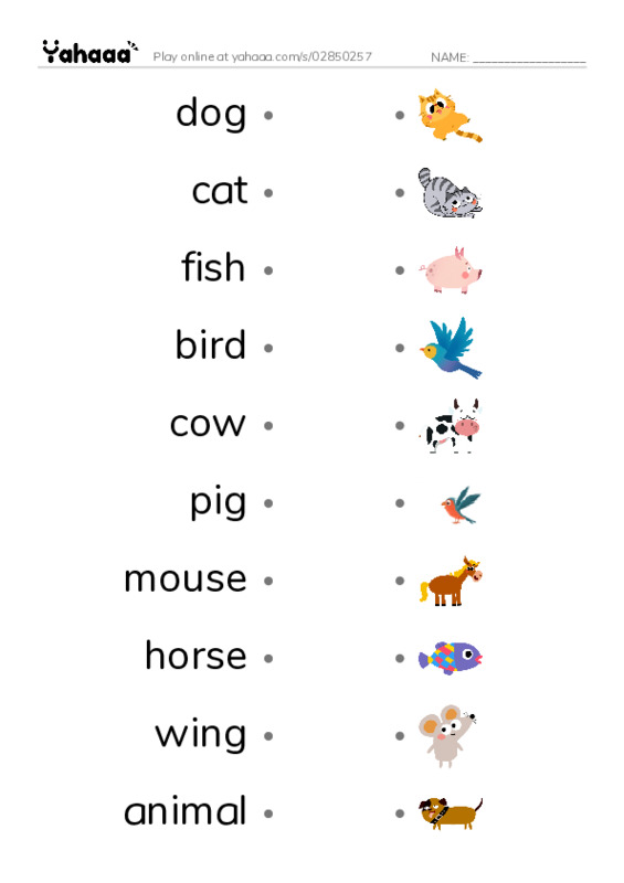 Draw a line to match worksheet for 625 Words Animals
