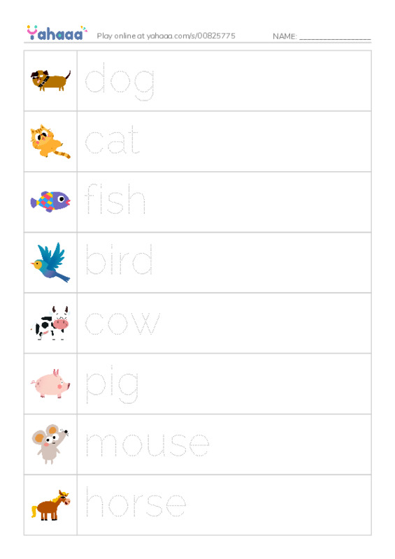 Picture and word rows worksheet for 625 Words Animals