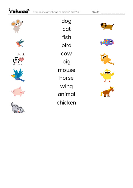 Match both sides worksheet for 625 Words Animals