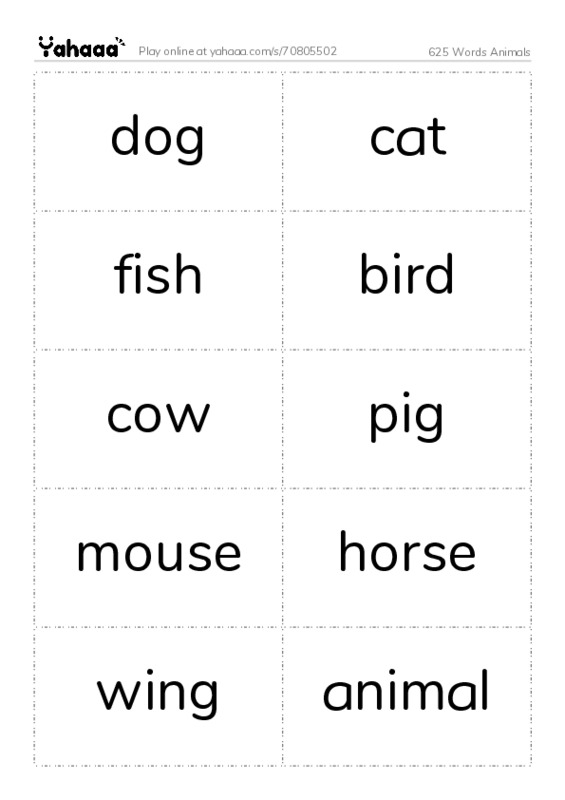 Word flashcards worksheet for 625 Words Animals