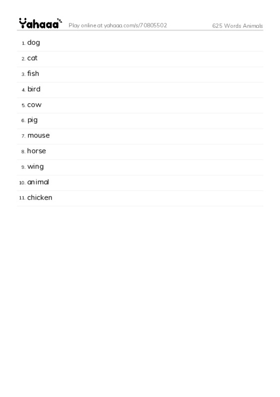 Word list with meanings worksheet for 625 Words Animals