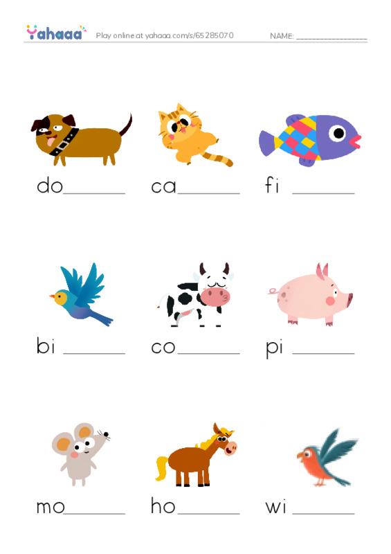 Finish the word worksheet for 625 Words Animals
