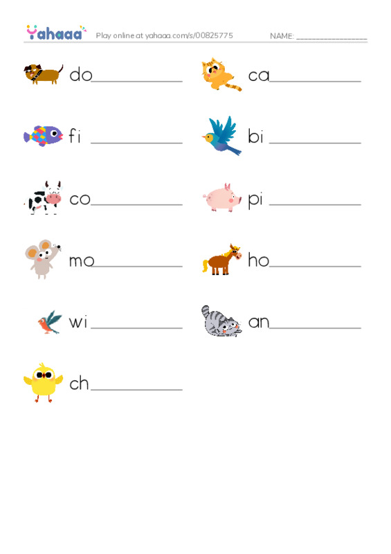 Write the word rows worksheet for 625 Words Animals