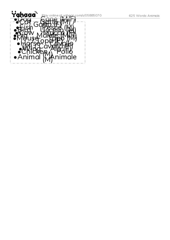 Word flashcards worksheet for 625 Words Animals