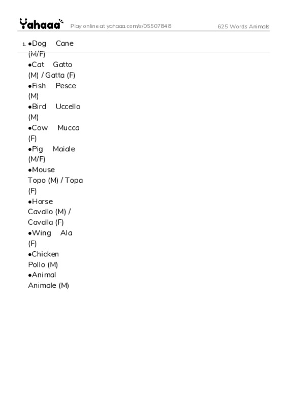 Word list with meanings worksheet for 625 Words Animals