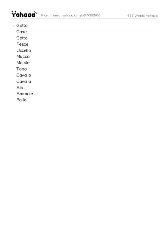 Word list with meanings worksheet for 625 Words Animals