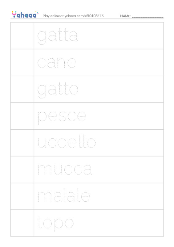 Picture and word rows worksheet for 625 Words Animals