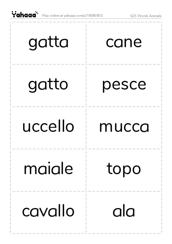 Word flashcards worksheet for 625 Words Animals