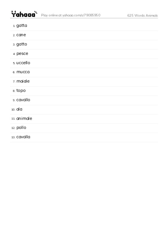 Word list with meanings worksheet for 625 Words Animals