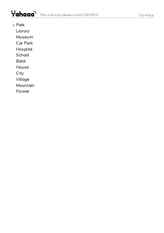 Word list with meanings worksheet for City things