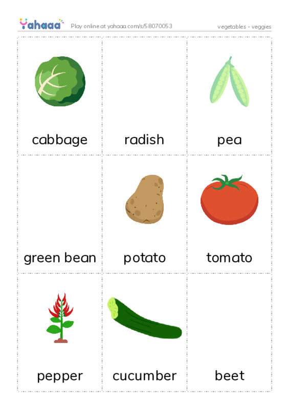 Picture flashcards worksheet for vegetables - veggies