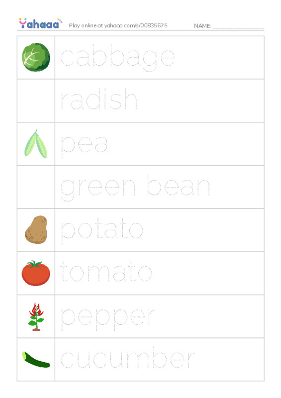 Picture and word rows worksheet for vegetables - veggies