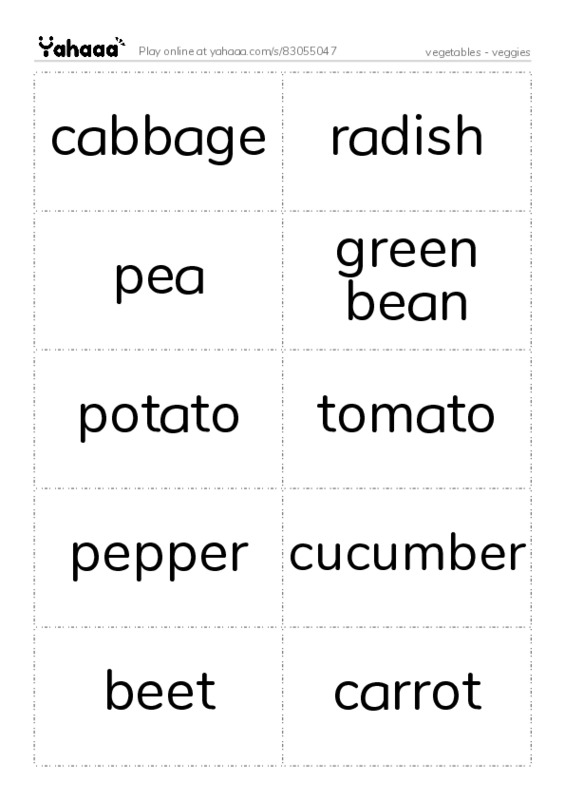 Word flashcards worksheet for vegetables - veggies