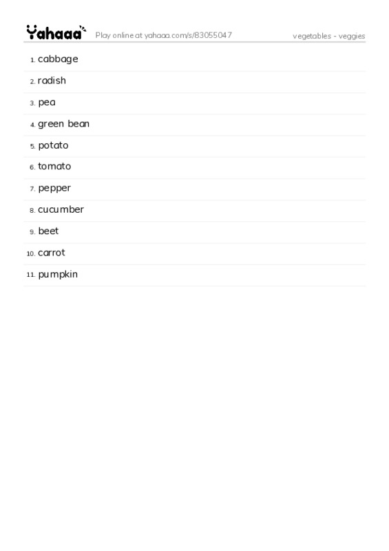 Word list with meanings worksheet for vegetables - veggies