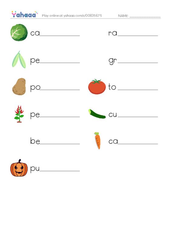 Write the word rows worksheet for vegetables - veggies