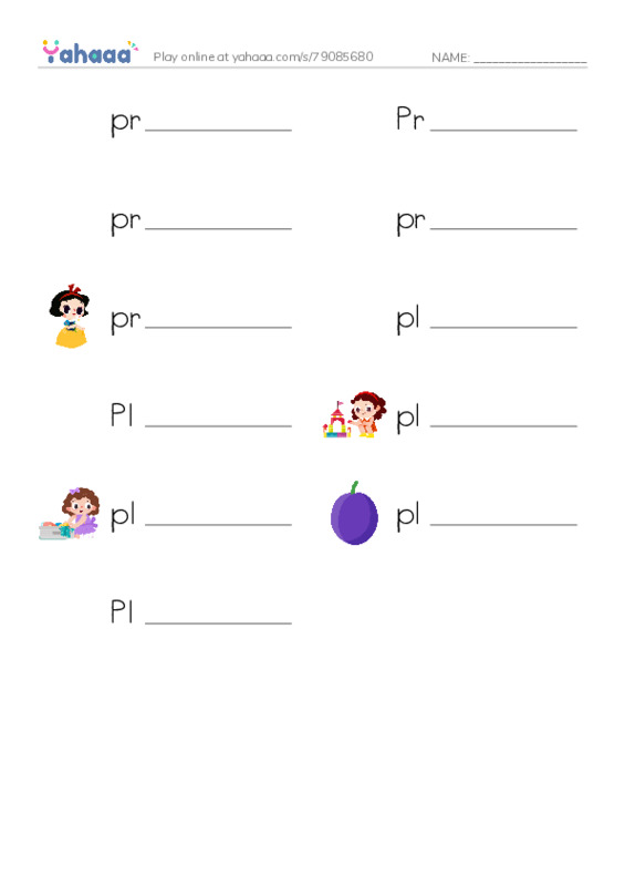 Write the word rows worksheet for pr, Primo, prince and 8 more