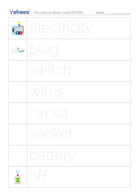 Picture and word rows worksheet for simple circuits
