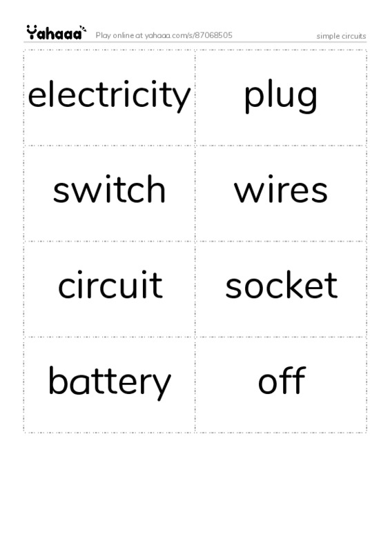 Word flashcards worksheet for simple circuits