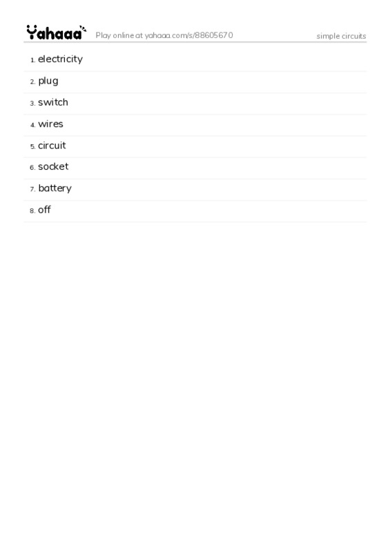 Word list with meanings worksheet for simple circuits