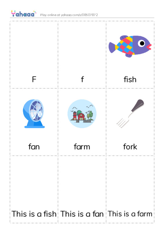 Picture flashcards worksheet for F, f, fish and 7 more