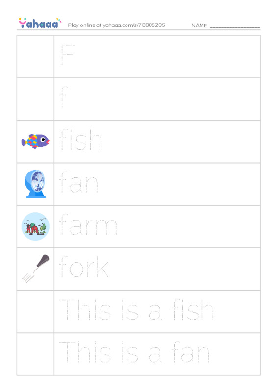Picture and word rows worksheet for F, f, fish and 7 more