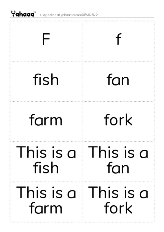 Word flashcards worksheet for F, f, fish and 7 more