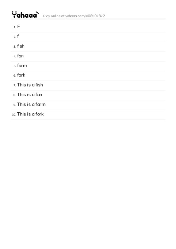 Word list with meanings worksheet for F, f, fish and 7 more