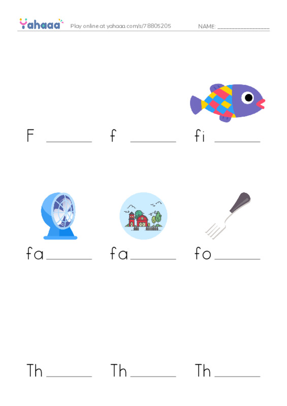 Finish the word worksheet for F, f, fish and 7 more