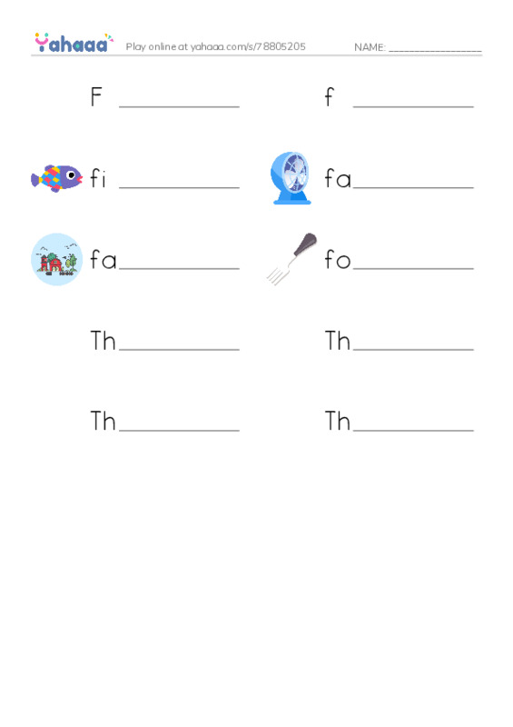 Write the word rows worksheet for F, f, fish and 7 more