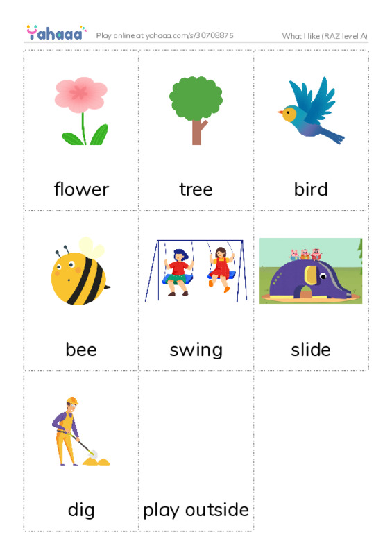 Picture flashcards worksheet for What I like (RAZ level A)