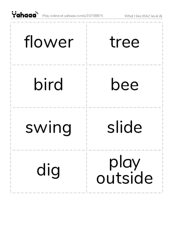 Word flashcards worksheet for What I like (RAZ level A)