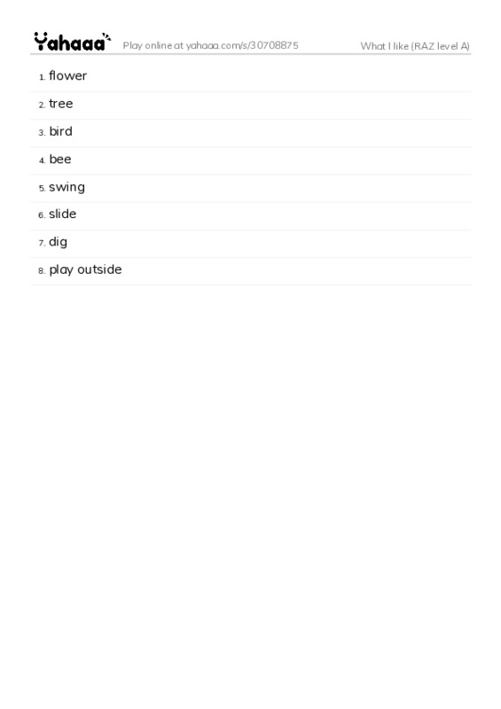 Word list with meanings worksheet for What I like (RAZ level A)