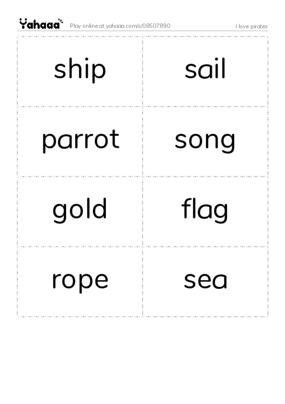 Word flashcards worksheet for I love pirates