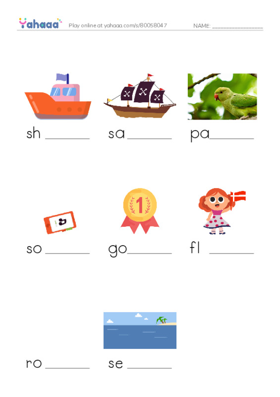 Finish the word worksheet for I love pirates
