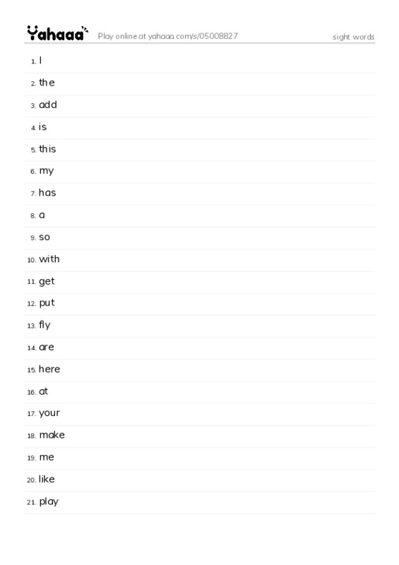 Word list with meanings worksheet for sight words